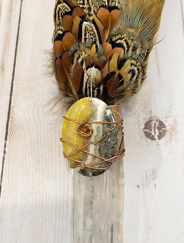 Bumblebee Jasper and Large Quartz Macaw Feather Lakota Sioux Medicine Prayer Fan