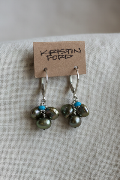Keishi Pearl Cluster with Turquoise Sterling Silver Earwire