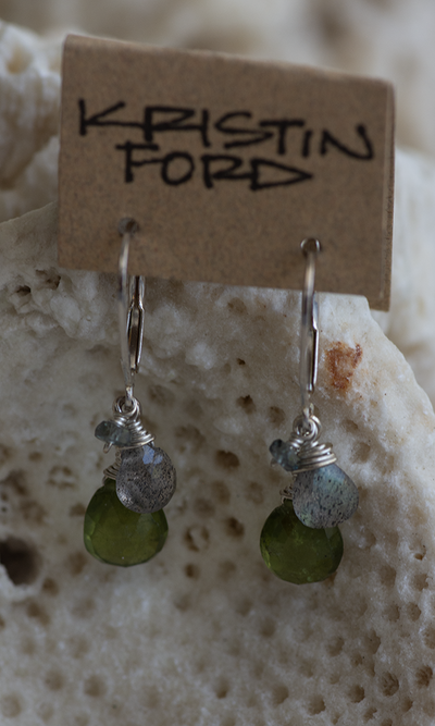 Vesuvianite with Labradorite and Sage Sapphire Sterling Silver Earrings