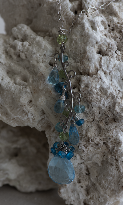 Handmade Necklace and Earrings Set Sterling Silver Vine with Topaz, Apatite and Peridot