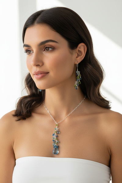 One of a Kind Handmade Artisan Jewelry Necklace and Earring Set Handmade in USA with Blue Topaz, Apatite, Peridot and Aquamarine | Whisperingtree.net