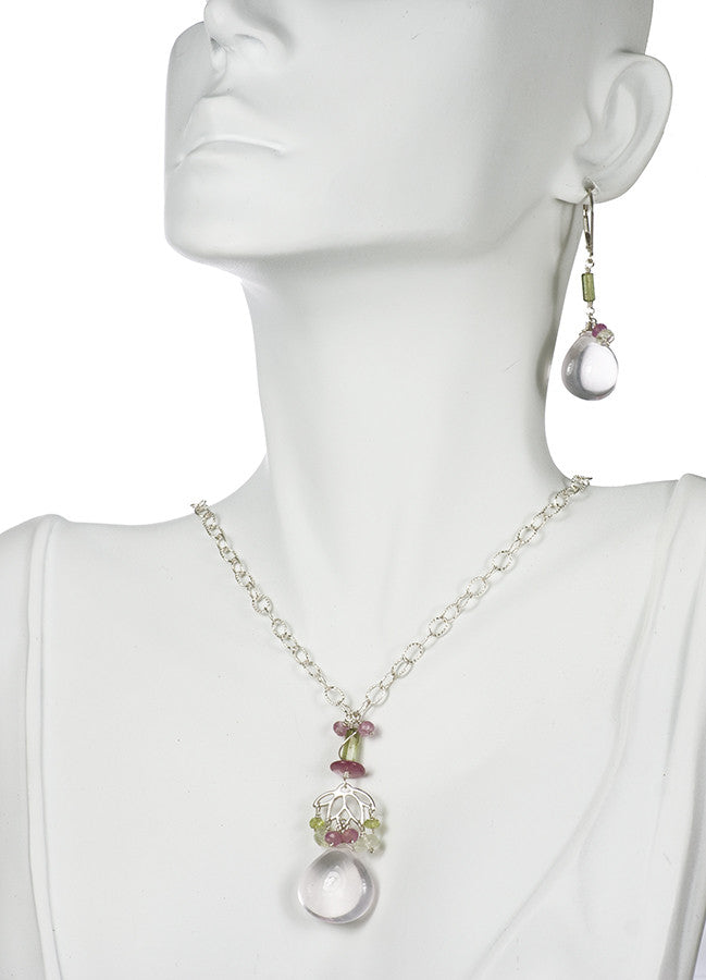 Handmade Rose Quartz, Tourmaline and Sapphire Necklace and Earrings Set