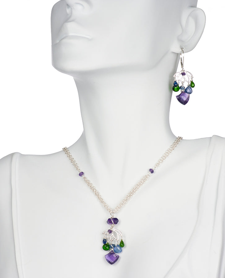 Dainty Lotus Necklace and Earring Set with Amethyst, Tanzanite, Kyanite and Tsavorite
