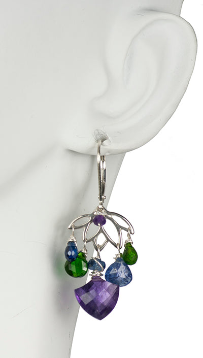 Dainty Lotus Necklace and Earring Set with Amethyst, Tanzanite, Kyanite and Tsavorite