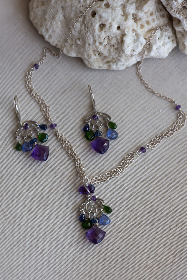 Handmade Amethyst and Tanzanite Necklace and Earring Set