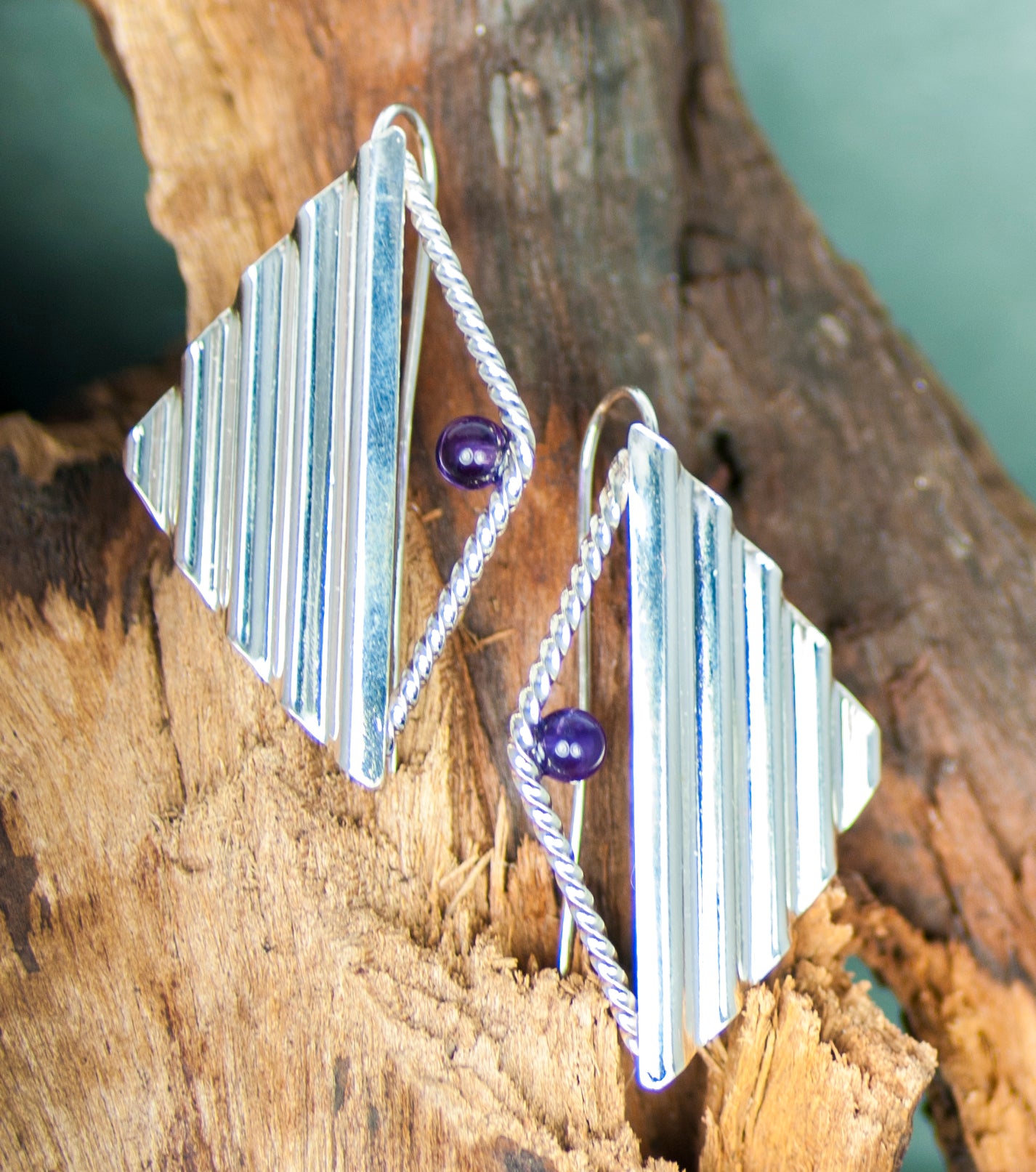 Argentium Silver (Tarnish Resistant) Earrings with Amethyst Geometric