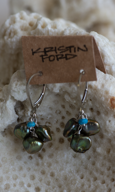 Keishi Pearl Cluster with Turquoise Sterling Silver Earwire