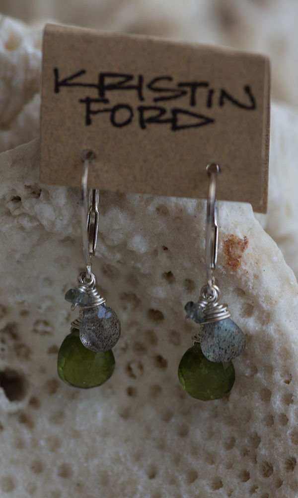 Vesuvianite with Labradorite and Sage Sapphire Sterling Silver Earrings