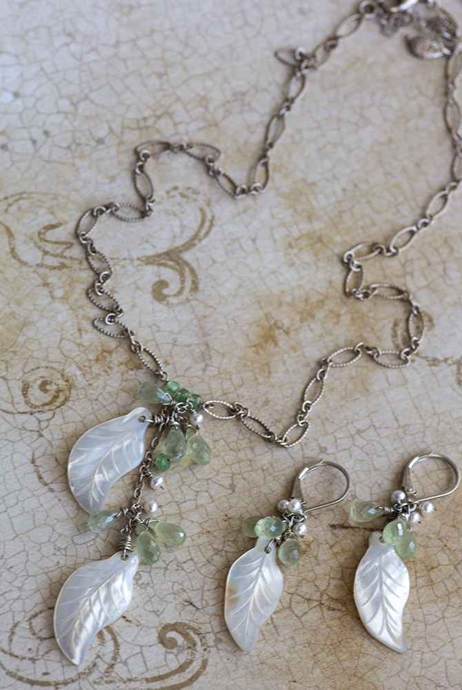 Mother of Pearl Shell Leaves with Green Garnet Earring and Necklace Set