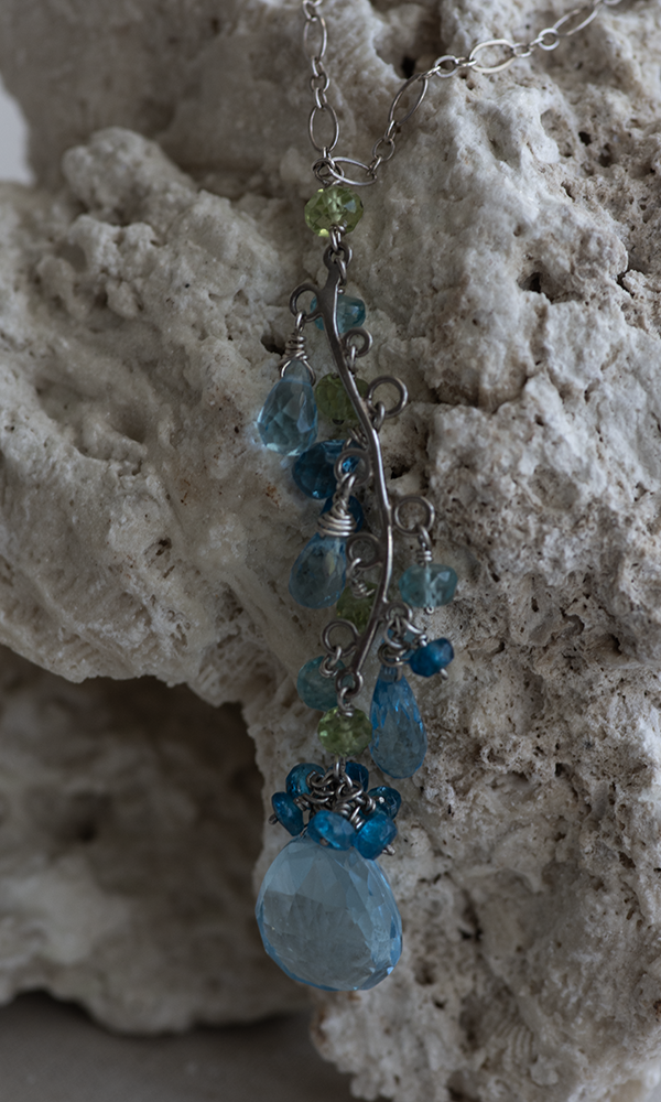 Handmade Necklace and Earrings Set Sterling Silver Vine with Topaz, Apatite and Peridot