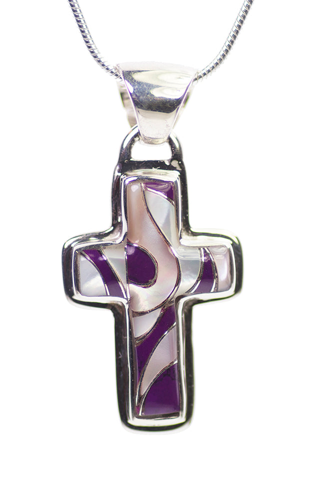 Hand Inlay Cross Pendant in Sugilite, Mother of Pearl and Sterling Silver