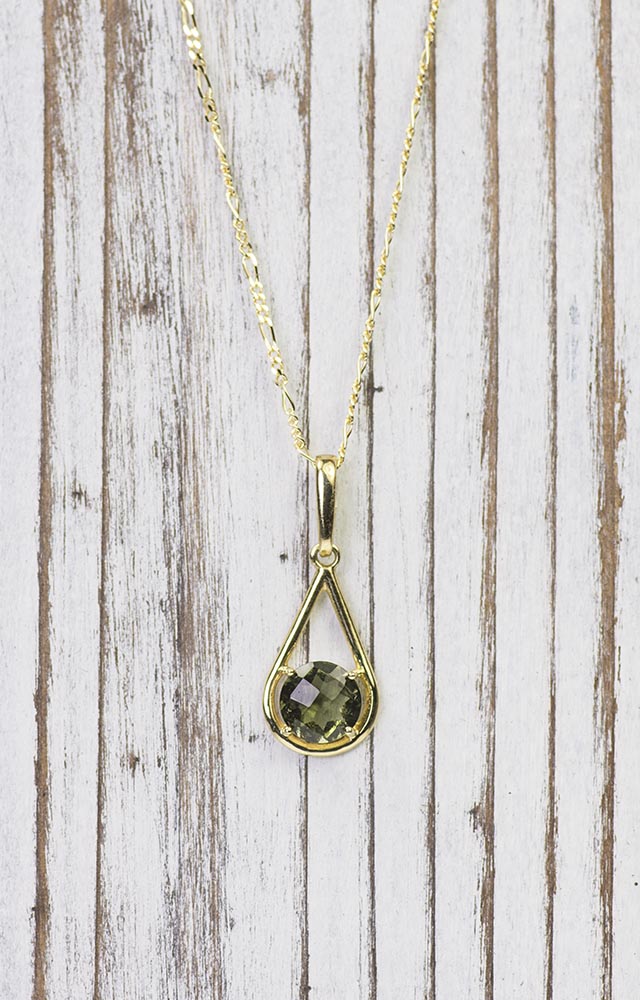 14K Gold Teardrop Moldavite Pendant on Beautiful Figaro Chain