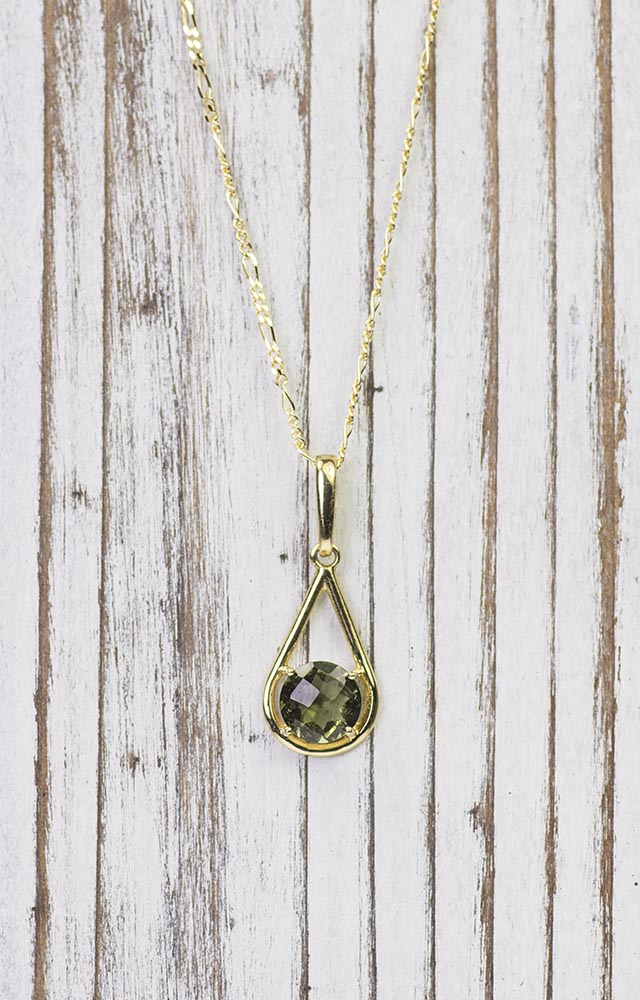 Solid 14K Gold Moldavite Teardrop Pendant Necklace Real Moldavite