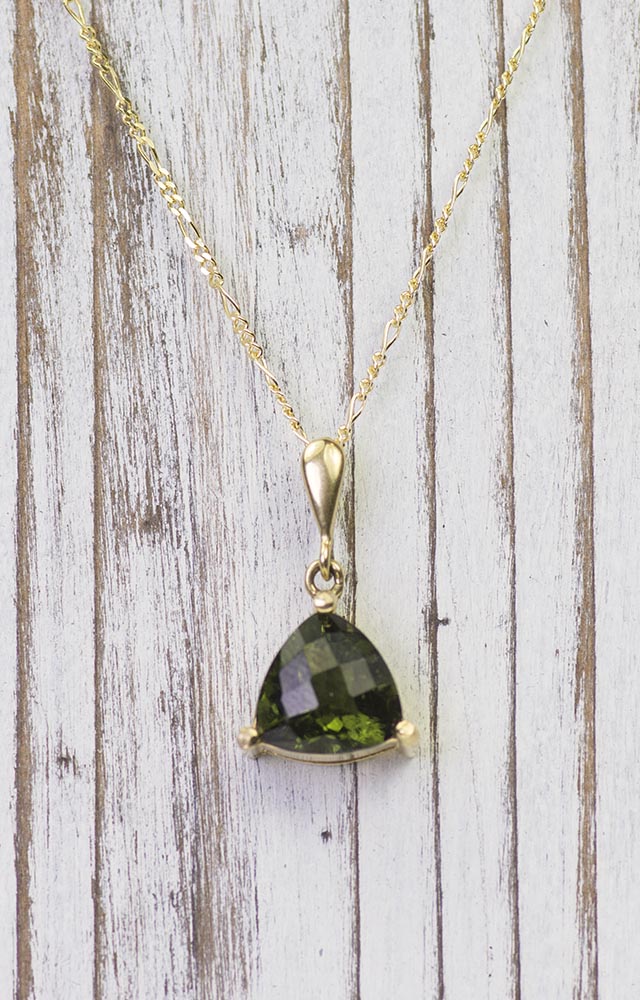Solid 14K Gold Moldavite Triangle Pendant Necklace Real Moldavite