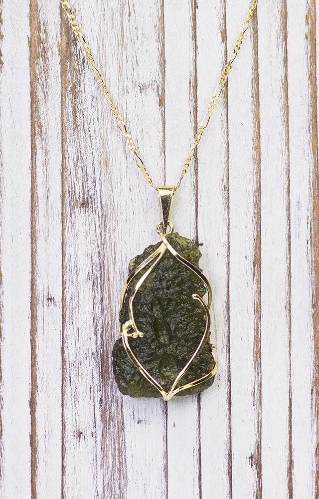 Solid 14K Gold Beautiful rough Moldavite Pendant Necklace Real Moldavite