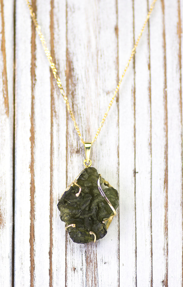 14K Gold Rare Besnednice Moldavite Pendant on Beautiful Figaro Chain