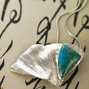 Blue Green Chrysocolla on Silver Gingko Leaf Pendant