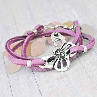 Butterfly Purple Leather Boho Wrap Bracelet