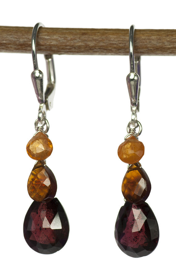 Handmade Sterling Silver Gemstone Earrings in Tri Color Garnet with Rhodolite, Mandarin and Spessartite Garnet by Kristin Ford | Whisperingtree.net