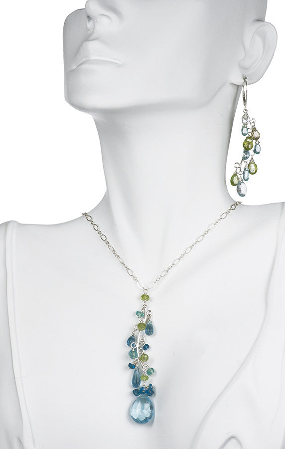 Handmade Necklace and Earrings Set Sterling Silver Vine with Topaz, Apatite and Peridot