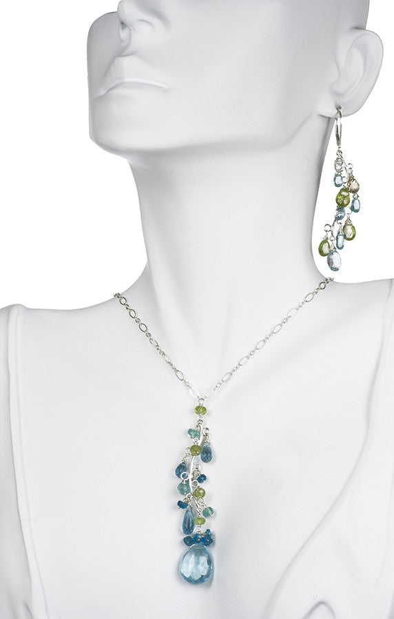 One of a Kind Handmade Artisan Jewelry Necklace and Earring Set Handmade in USA with Blue Topaz, Apatite, Peridot and Aquamarine | Whisperingtree.net