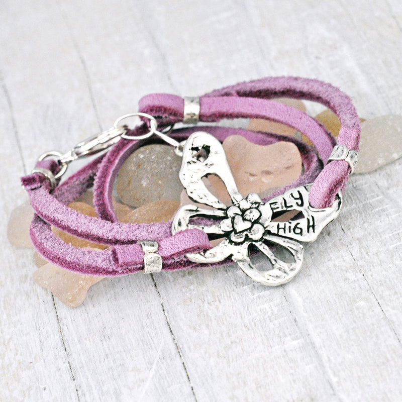 Butterfly Purple Leather Boho Wrap Bracelet
