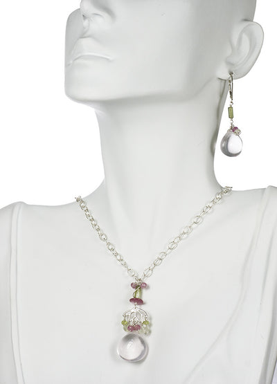 One of a Kind Handmade Artisan Jewelry Necklace and Earring Set Handmade in USA with Rose Quartz, Tourmaline, Pink Sapphire and Peridot | Whisperingtree.net