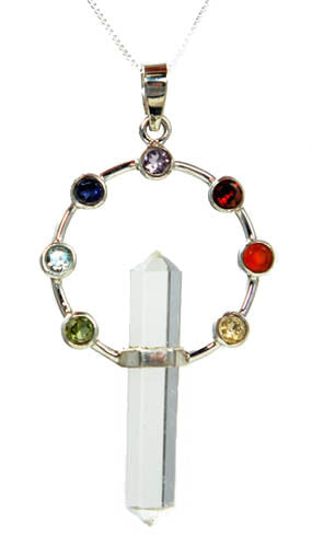 Rainbow Chakra Pendant in Sterling Silver, Himalyan Crystal, and Chakra Stones