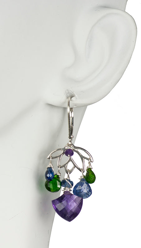 Dainty Lotus Necklace and Earring Set with Amethyst, Tanzanite, Kyanite and Tsavorite