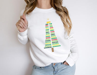 White Christmas Words Christmas Tree Sweatshirt, Christmas Religious Shirt, Christian Gift, Christian Sweatshirt