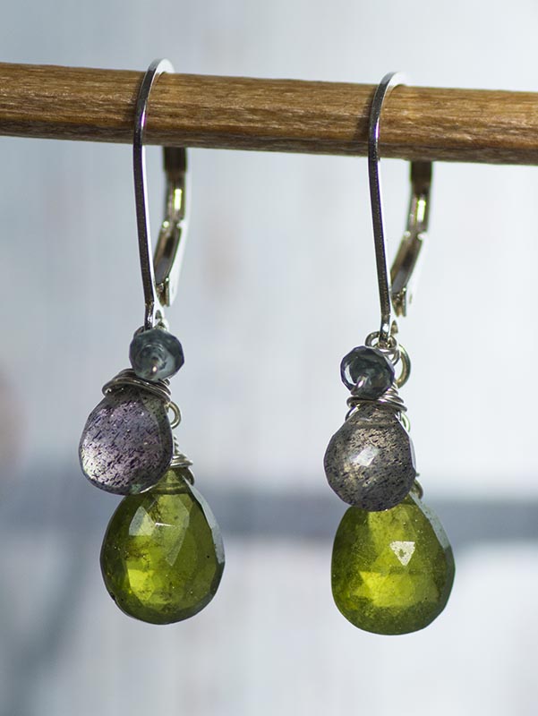 Vesuvianite with Labradorite and Sage Sapphire Sterling Silver Earrings
