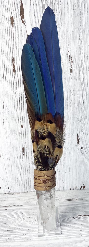 Macaw Tail Feather Fan with Quartz Handle
