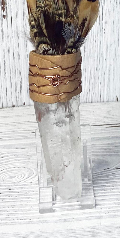 Macaw Tail Feather Fan with Quartz Handle