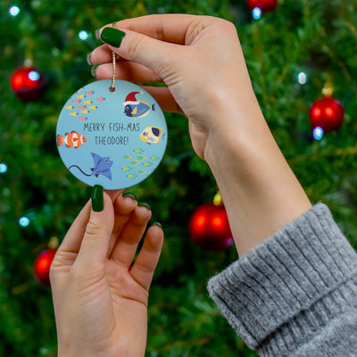 Custom Fish Ceramic Ornament, Merry Fish-Mas! Christmas Ornament, Custom Name Ornament, Personalized Gift Tag, Custom Ornament