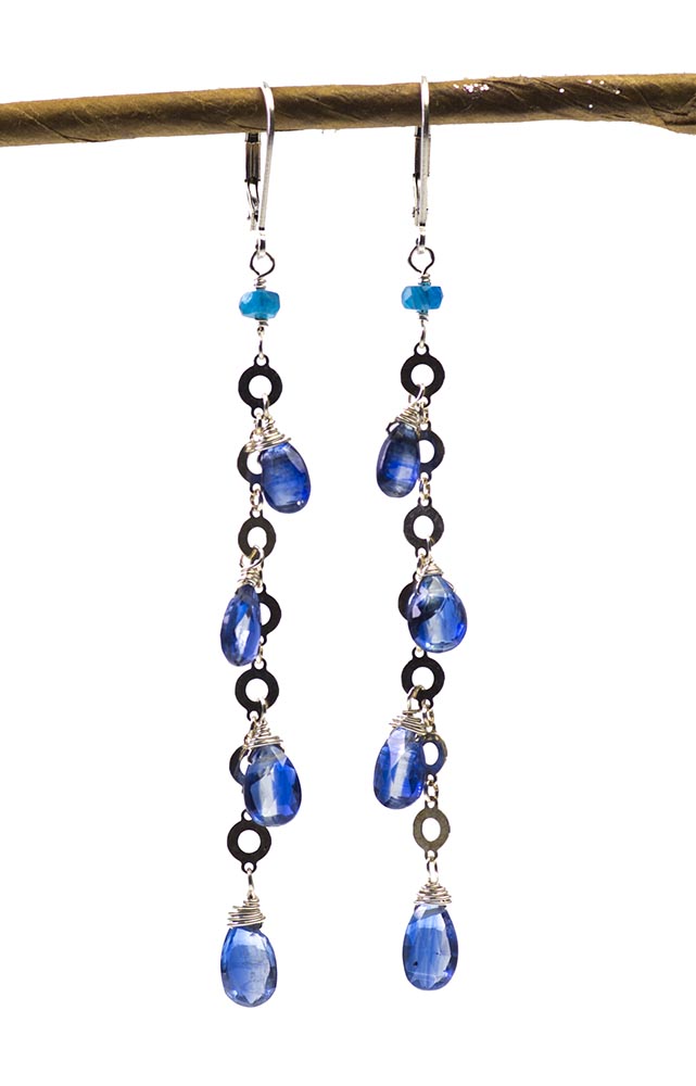 Extra Long Kyanite and Neon Apatite on Silver Chain Earrings by Kristin Ford
