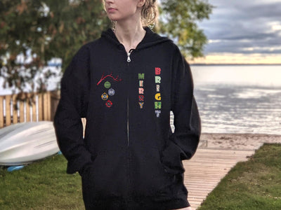 Merry Bright Christmas Ornaments Zip Up Hoodie Sweatshirt, Zipper Hoodie, Zip Hoodie Christmas, Christmas Sweatshirt