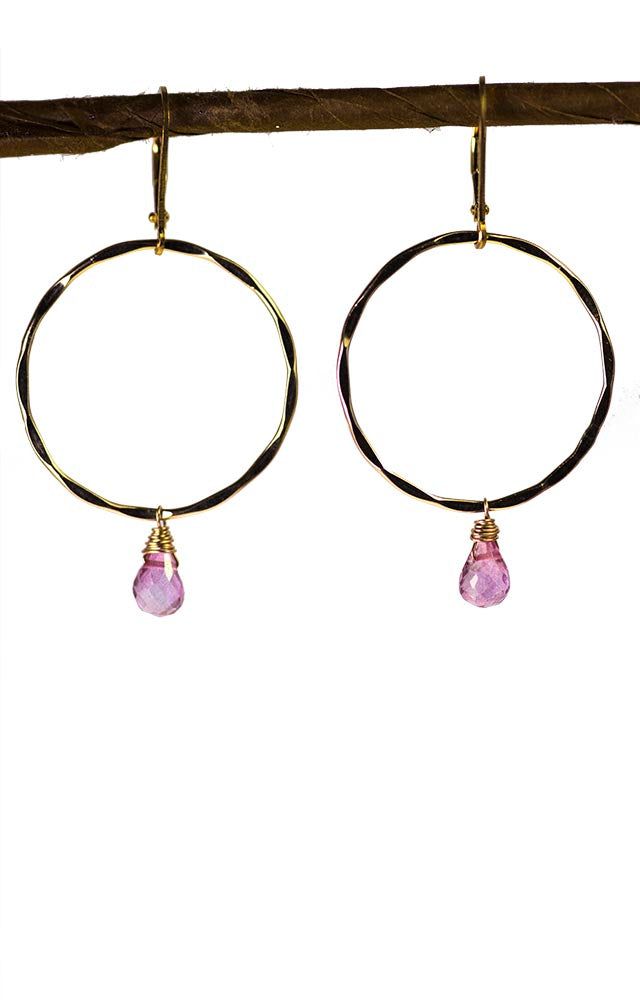 Gold Hoops with Pink Topaz Earrings