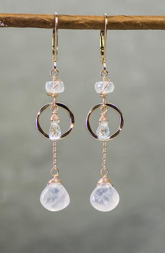 Gold Moonstone and Blue Topaz Handmade Gemstone Earrings by Kristin Ford