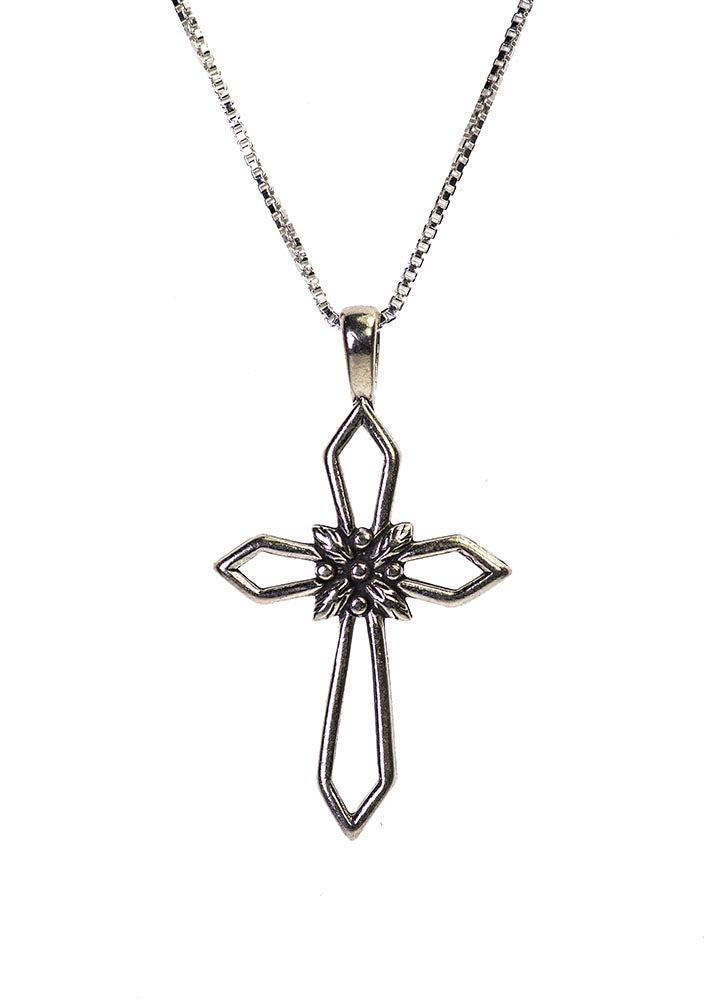 Sterling Silver Cross with Flower Heart on Italian Box Chain