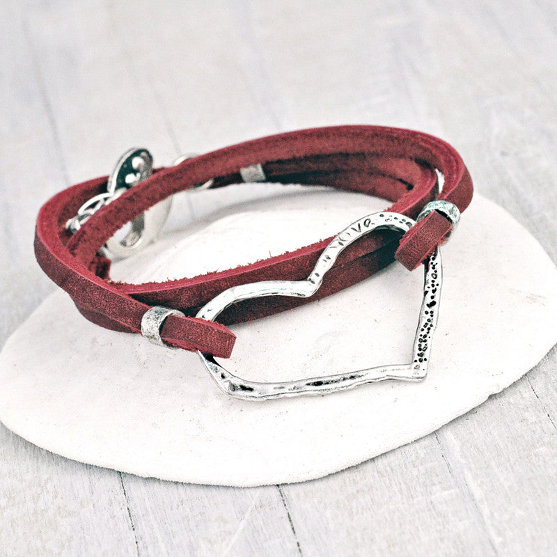 Open Heart Red Leather Boho Wrap Bracelet