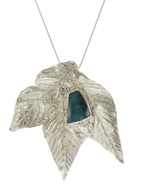 Indicolite Blue Tourmaline on Cast Leaves Silver Art Jewelry Pendant by Carina Rossner | Whisperingtree.net