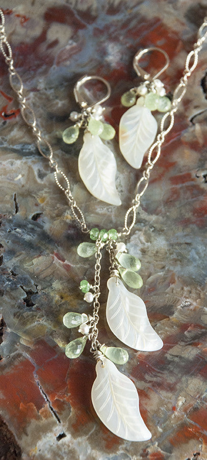 Handmade Jewelry Set Mother of Pearl Shell Leaves with Green Garnet, Prehnite and Pearl Necklace and Earring Set Handmade in USA | Whisperingtree.net