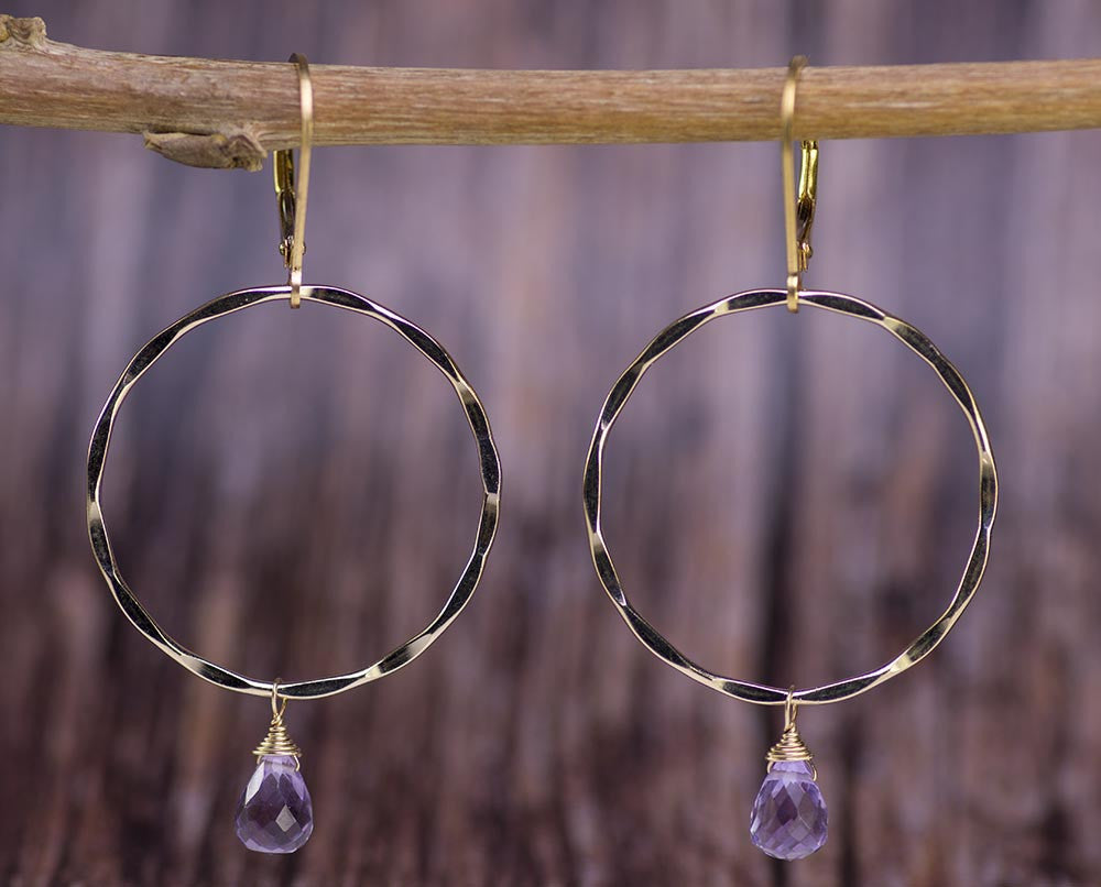Gold Hoops with Lavender Amethyst Earrings