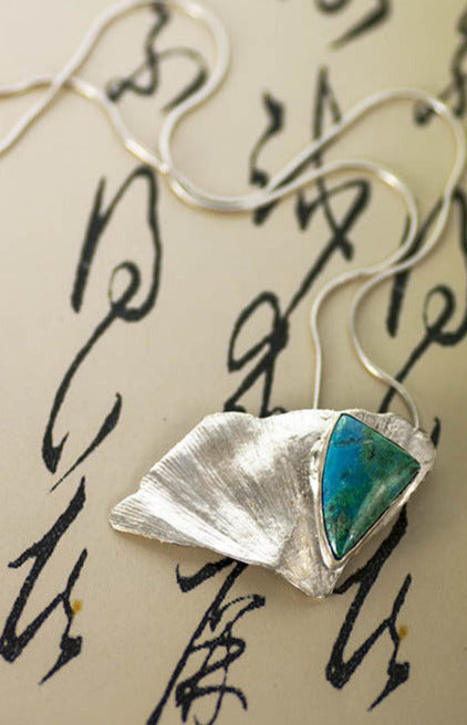 Art Jewelry Asian Jewelry Blue Green Chrysocholla on Sterling Silver Gingko Leaf Pendant Art Jewelry by Carina Rossner | Whisperingtree.net