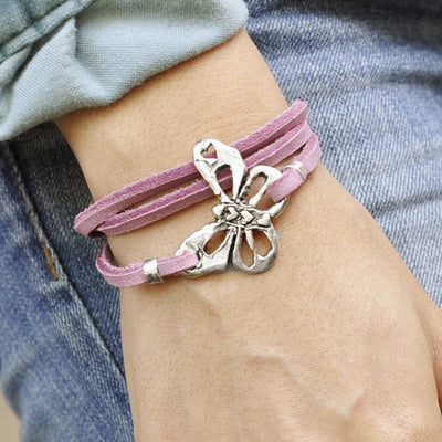 Butterfly Purple Leather Boho Wrap Bracelet