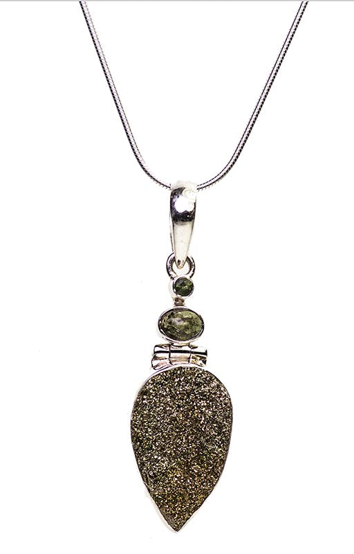 Rainbow Pyrite and Green Tourmaline Sterling Silver Pendant